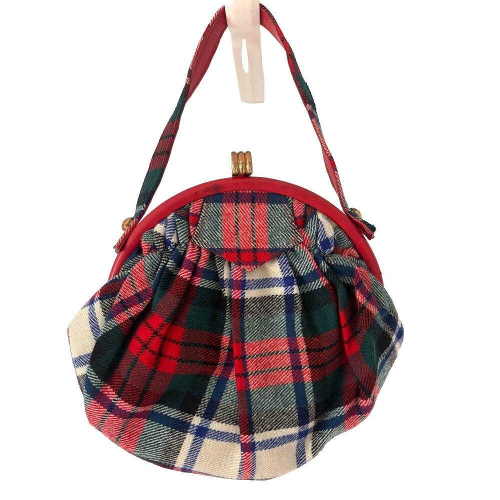 Vintage 1970s Meyho Scotland Circular Wool Tartan Kiss Lock Purse Mirror Twee